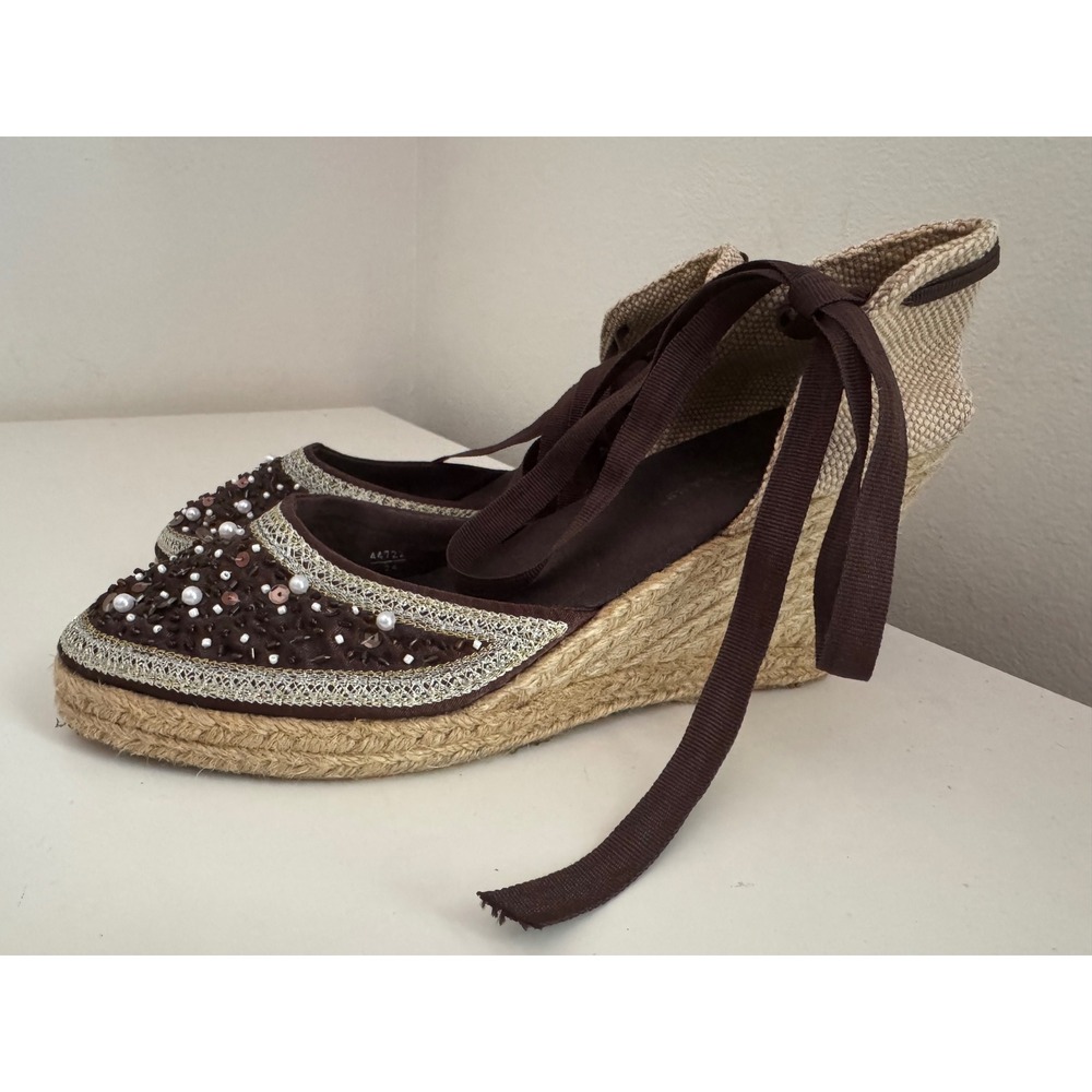 Y2K Brown Sequin Pearl Espadrille Wedge Ankle Tie Sandals 9